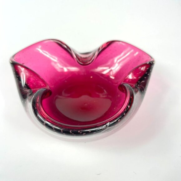 Cranberry Bullicante Art Glass Ashtray Bowl - Picture 2 of 10